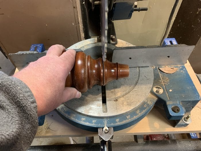 Table leg being cut