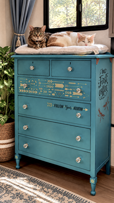 Teal Dresser with Cozy Cats Teal Dresser with Cozy Cats